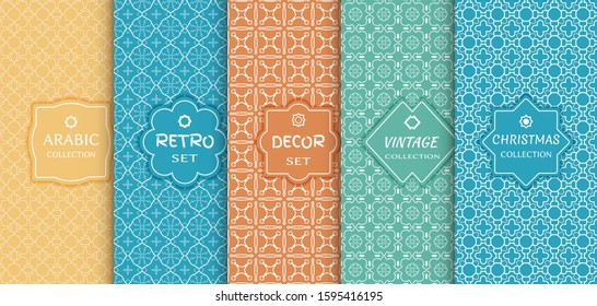 Set of seamless line patterns, colored background. Stylish decorative vintage, retro, arabic, christmas label decor set. Abstract geometric frame, vector illustration. Art Deco style, light colors
