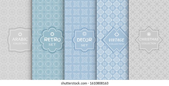 Set of seamless line patterns, colored background. Stylish decorative vintage, retro, arabic, christmas label decor set. Abstract geometric frame, vector illustration. Art Deco style, light colors