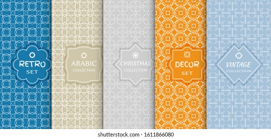 Set of seamless line patterns, colored background. Stylish decorative vintage, retro, arabic, christmas label decor set. Abstract geometric frame, vector illustration. Art Deco style, light colors
