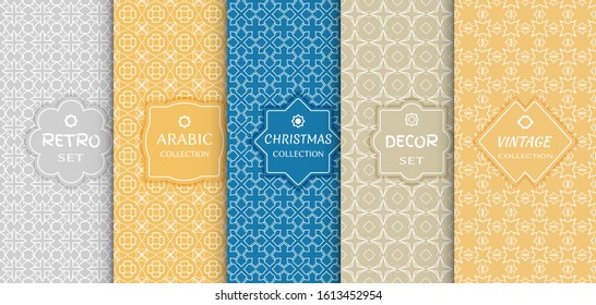 Set of seamless line patterns, colored background. Stylish decorative vintage, retro, arabic, christmas label decor set. Abstract geometric frame, vector illustration. Art Deco style, light colors