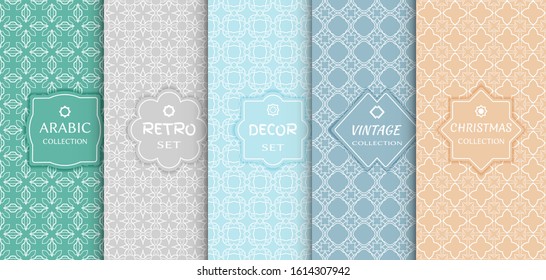 Set of seamless line patterns, colored background. Stylish decorative vintage, retro, arabic, christmas label decor set. Abstract geometric frame, vector illustration. Art Deco style, light colors
