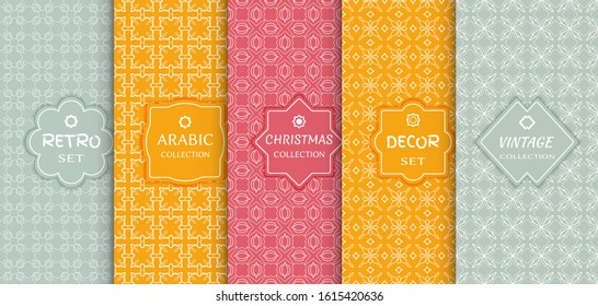 Set of seamless line patterns, colored background. Stylish decorative vintage, retro, arabic, christmas label decor set. Abstract geometric frame, vector illustration. Art Deco style, light colors