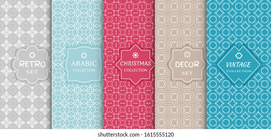 Set of seamless line patterns, colored background. Stylish decorative vintage, retro, arabic, christmas label decor set. Abstract geometric frame, vector illustration. Art Deco style, light colors