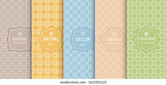 Set of seamless line patterns, colored background. Stylish decorative vintage, retro, arabic, christmas label decor set. Abstract geometric frame, vector illustration. Art Deco style, light colors