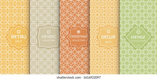 Set of seamless line patterns, colored background. Stylish decorative vintage, retro, arabic, christmas label decor set. Abstract geometric frame, vector illustration. Art Deco style, light colors