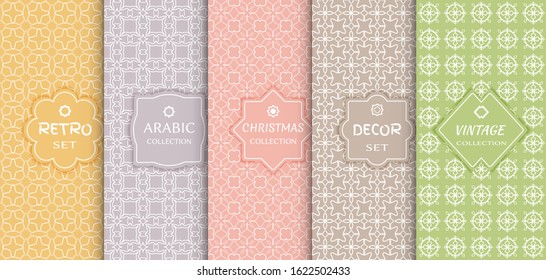 Set of seamless line patterns, colored background. Stylish decorative vintage, retro, arabic, christmas label decor set. Abstract geometric frame, vector illustration. Art Deco style, light colors