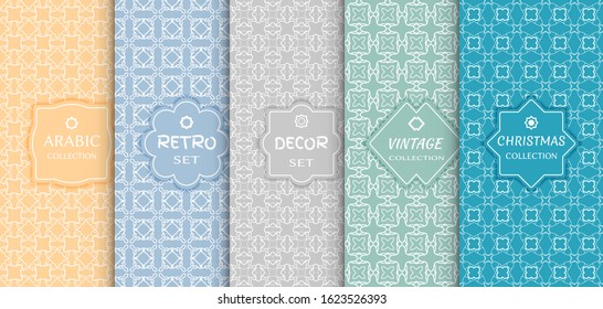 Set of seamless line patterns, colored background. Stylish decorative vintage, retro, arabic, christmas label decor set. Abstract geometric frame, vector illustration. Art Deco style, light colors
