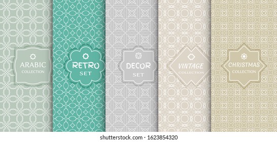 Set of seamless line patterns, colored background. Stylish decorative vintage, retro, arabic, christmas label decor set. Abstract geometric frame, vector illustration. Art Deco style, light colors