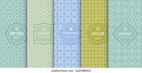 Set of seamless line patterns, colored background. Stylish decorative vintage, retro, arabic, christmas label decor set. Abstract geometric frame, vector illustration. Art Deco style, light colors