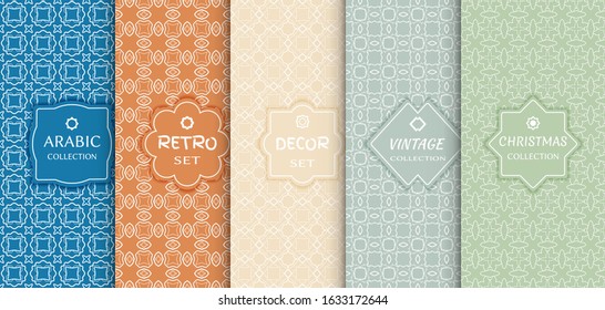 Set of seamless line patterns, colored background. Stylish decorative vintage, retro, arabic, christmas label decor set. Abstract geometric frame, vector illustration. Art Deco style, light colors