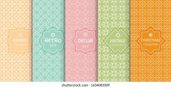 Set of seamless line patterns, colored background. Stylish decorative vintage, retro, arabic, christmas label decor set. Abstract geometric frame, vector illustration. Art Deco style, light colors