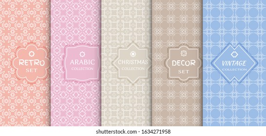 Set of seamless line patterns, colored background. Stylish decorative vintage, retro, arabic, christmas label decor set. Abstract geometric frame, vector illustration. Art Deco style, light colors