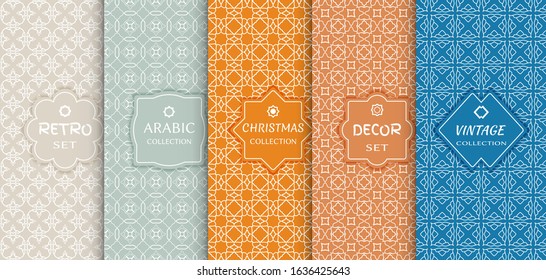 Set of seamless line patterns, colored background. Stylish decorative vintage, retro, arabic, christmas label decor set. Abstract geometric frame, vector illustration. Art Deco style, light colors