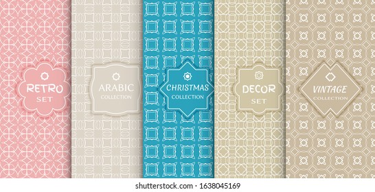 Set of seamless line patterns, colored background. Stylish decorative vintage, retro, arabic, christmas label decor set. Abstract geometric frame, vector illustration. Art Deco style, light colors