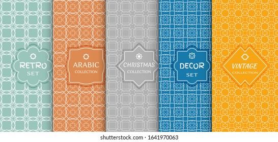 Set of seamless line patterns, colored background. Stylish decorative vintage, retro, arabic, christmas label decor set. Abstract geometric frame, vector illustration. Art Deco style, light colors