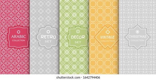 Set of seamless line patterns, colored background. Stylish decorative vintage, retro, arabic, christmas label decor set. Abstract geometric frame, vector illustration. Art Deco style, light colors