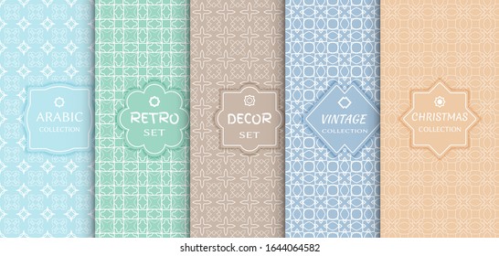 Set of seamless line patterns, colored background. Stylish decorative vintage, retro, arabic, christmas label decor set. Abstract geometric frame, vector illustration. Art Deco style, light colors