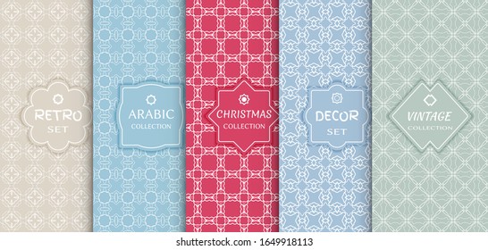 Set of seamless line patterns, colored background. Stylish decorative vintage, retro, arabic, christmas label decor set. Abstract geometric frame, vector illustration. Art Deco style, light colors