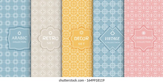 Satz nahtloser Zeilenmuster, bunter Hintergrund. Stilvolles Dekor mit Vintage, Retro, arabischen, Weihnachtsmarken. Abstrakter geometrischer Rahmen, Vektorillustration-Illustration. Art-Deco-Stil, helle Farben