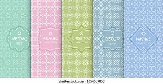 Set of seamless line patterns, colored background. Stylish decorative vintage, retro, arabic, christmas label decor set. Abstract geometric frame, vector illustration. Art Deco style, light colors