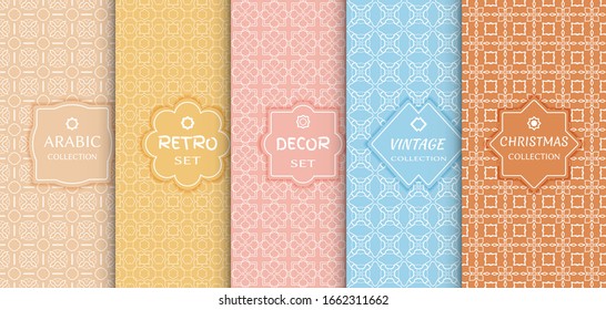 Set of seamless line patterns, colored background. Stylish decorative vintage, retro, arabic, christmas label decor set. Abstract geometric frame, vector illustration. Art Deco style, light colors