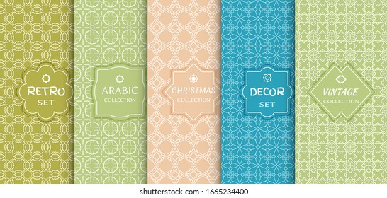Set of seamless line patterns, colored background. Stylish decorative vintage, retro, arabic, christmas label decor set. Abstract geometric frame, vector illustration. Art Deco style, light colors