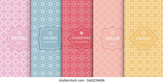 Set of seamless line patterns, colored background. Stylish decorative vintage, retro, arabic, christmas label decor set. Abstract geometric frame, vector illustration. Art Deco style, light colors