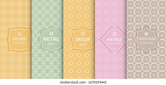 Set of seamless line patterns, colored background. Stylish decorative vintage, retro, arabic, christmas label decor set. Abstract geometric frame, vector illustration. Art Deco style, light colors