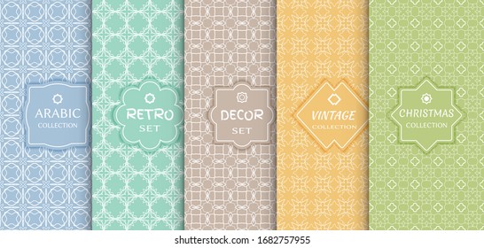 Set of seamless line patterns, colored background. Stylish decorative vintage, retro, arabic, christmas label decor set. Abstract geometric frame, vector illustration. Art Deco style, light colors