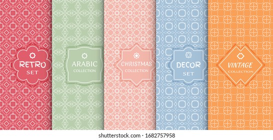Set of seamless line patterns, colored background. Stylish decorative vintage, retro, arabic, christmas label decor set. Abstract geometric frame, vector illustration. Art Deco style, light colors