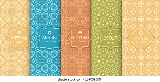 Set of seamless line patterns, colored background. Stylish decorative vintage, retro, arabic, christmas label decor set. Abstract geometric frame, vector illustration. Art Deco style, light colors
