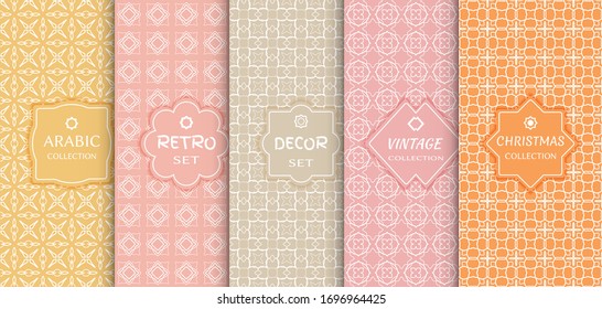 Set of seamless line patterns, colored background. Stylish decorative vintage, retro, arabic, christmas label decor set. Abstract geometric frame, vector illustration. Art Deco style, light colors