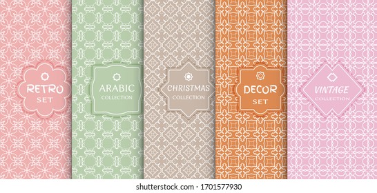 Set of seamless line patterns, colored background. Stylish decorative vintage, retro, arabic, christmas label decor set. Abstract geometric frame, vector illustration. Art Deco style, light colors