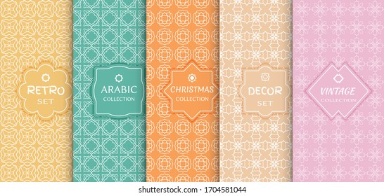 Set of seamless line patterns, colored background. Stylish decorative vintage, retro, arabic, christmas label decor set. Abstract geometric frame, vector illustration. Art Deco style, light colors