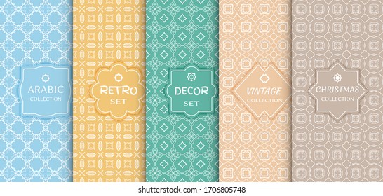 Set of seamless line patterns, colored background. Stylish decorative vintage, retro, arabic, christmas label decor set. Abstract geometric frame, vector illustration. Art Deco style, light colors