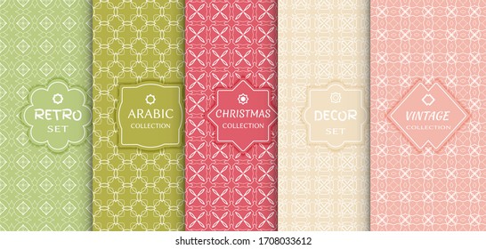 Satz nahtloser Zeilenmuster, bunter Hintergrund. Stilvolles Dekor mit Vintage, Retro, arabischen, Weihnachtsmarken. Abstrakter geometrischer Rahmen, Vektorillustration-Illustration. Art-Deco-Stil, helle Farben