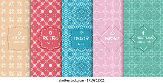 Set of seamless line patterns, colored background. Stylish decorative vintage, retro, arabic, christmas label decor set. Abstract geometric frame, vector illustration. Art Deco style, light colors
