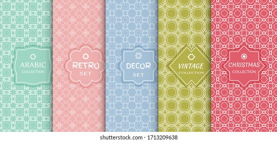Set of seamless line patterns, colored background. Stylish decorative vintage, retro, arabic, christmas label decor set. Abstract geometric frame, vector illustration. Art Deco style, light colors