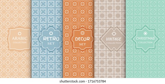 Set of seamless line patterns, colored background. Stylish decorative vintage, retro, arabic, christmas label decor set. Abstract geometric frame, vector illustration. Art Deco style, light colors