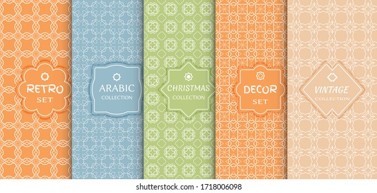Set of seamless line patterns, colored background. Stylish decorative vintage, retro, arabic, christmas label decor set. Abstract geometric frame, vector illustration. Art Deco style, light colors