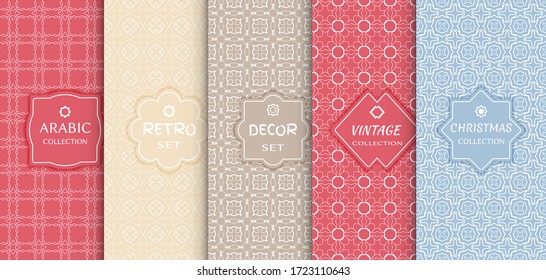 Set of seamless line patterns, colored background. Stylish decorative vintage, retro, arabic, christmas label decor set. Abstract geometric frame, vector illustration. Art Deco style, light colors