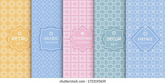 Set of seamless line patterns, colored background. Stylish decorative vintage, retro, arabic, christmas label decor set. Abstract geometric frame, vector illustration. Art Deco style, light colors