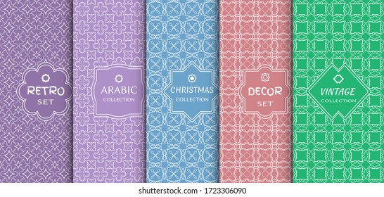 Set of seamless line patterns, colored background. Stylish decorative vintage, retro, arabic, christmas label decor set. Abstract geometric frame, vector illustration. Art Deco style, light colors