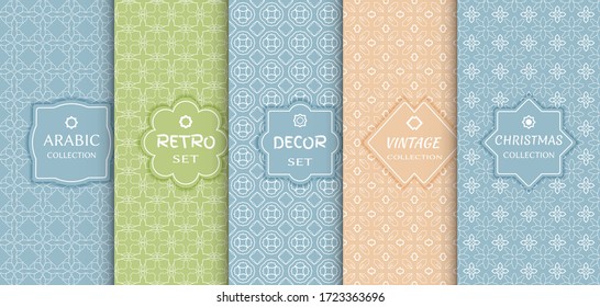 Conjunto de patrones de línea sin fisuras, fondo de color. Decoración de estilo vintage, retro, árabe, decorado con la etiqueta de Navidad. Dibujo geométrico abstracto, ilustración vectorial. Estilo art déco, colores claros