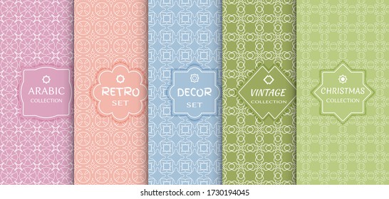 Satz nahtloser Zeilenmuster, farbiger Hintergrund. Stilvolle dekorative Vintage, Retro, arabisch, Weihnachten-Label-Dekoration. Abstrakter geometrischer Rahmen, Vektorgrafik. Art-Déco-Stil, helle Farben