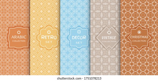 Set of seamless line patterns, colored background. Stylish decorative vintage, retro, arabic, christmas label decor set. Abstract geometric frame, vector illustration. Art Deco style, light colors