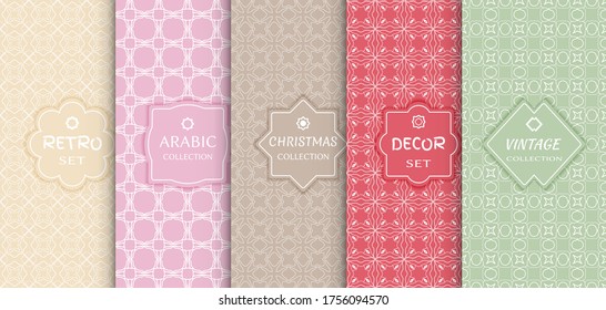Set of seamless line patterns, colored background. Stylish decorative vintage, retro, arabic, christmas label decor set. Abstract geometric frame, vector illustration. Art Deco style, light colors