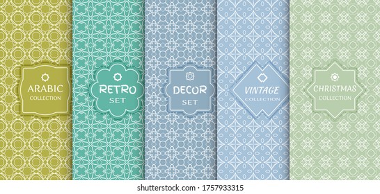 Set of seamless line patterns, colored background. Stylish decorative vintage, retro, arabic, christmas label decor set. Abstract geometric frame, vector illustration. Art Deco style, light colors