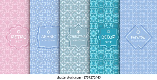 Set of seamless line patterns, colored background. Stylish decorative vintage, retro, arabic, christmas label decor set. Abstract geometric frame, vector illustration. Art Deco style, light colors