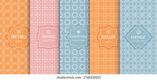 Conjunto de patrones de línea sin fisuras, fondo de color. Decoración de estilo vintage, retro, árabe y navideño. Resumen del marco geométrico, ilustración vectorial. Estilo Art Decó, colores claros